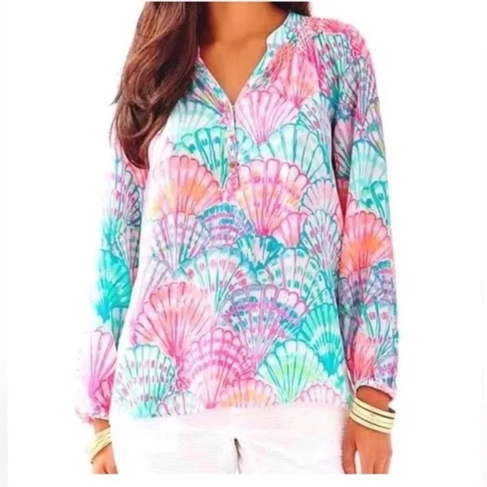 LILLY PULITZER ELSA Silk Blouse SHIRT women's XXS Floral Oh Shello
